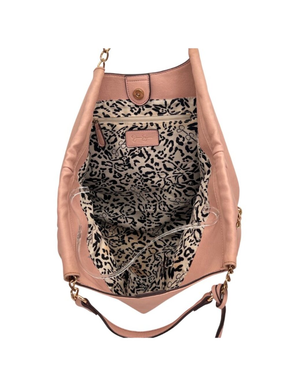 Jessica Simpson Blush Pink Tote Bag With Gold Chain Detail Leopard Print Lining - Picture 6 of 16